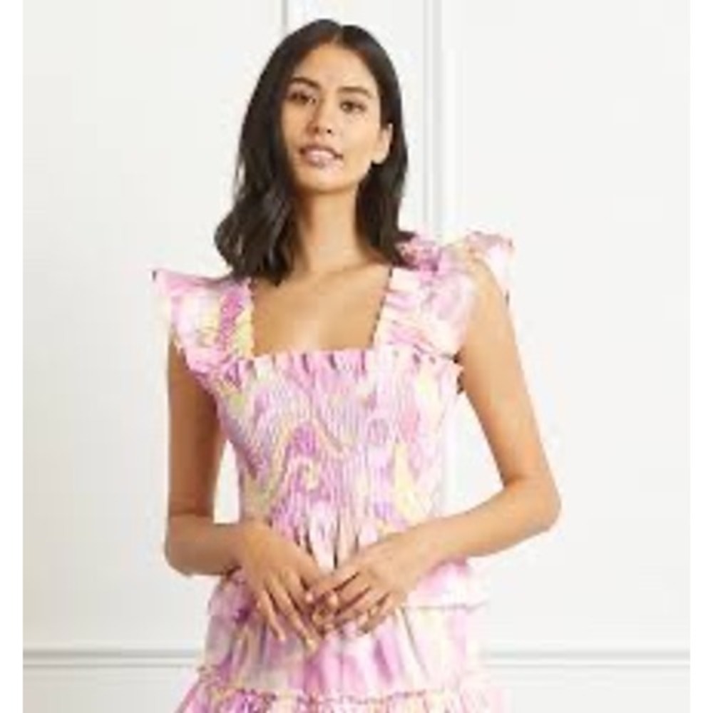 Hill House Home Pink Yellow Swirl Smocked Linen Peplum Ruffle Top Small